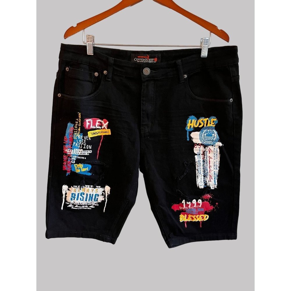 Copper Rivet Jean Shorts Mens 38 Black Hip Hop‎ Denim Distressed Paint Patched